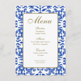 Blue and White Amalfi Stil Bröllop Menu Meny