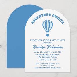 Blue and White Äventyr Awaits Boy Shower Inbjudningar