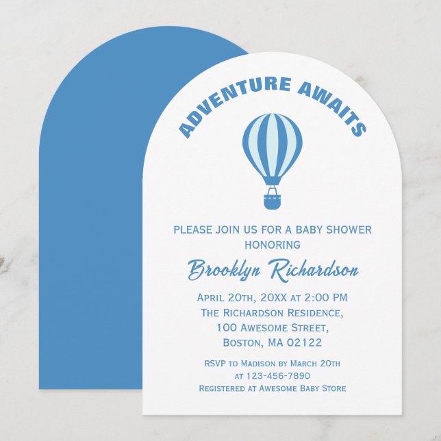 Blue and White Äventyr Awaits Boy Shower Inbjudningar (Fram/baksida)