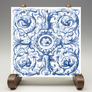 Blue and White Baroque Acanthus Kakelplatta