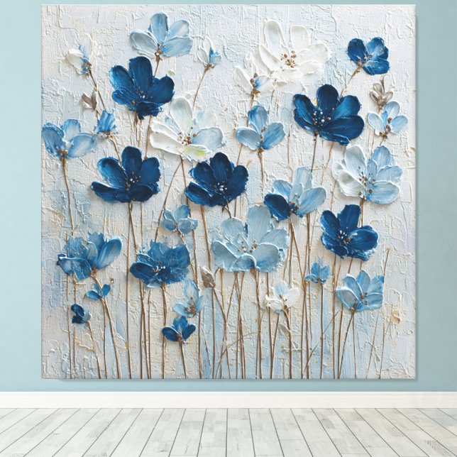 Blue and White Bloom Abstract Wall Art Canvastryck (Insitu (trägolv))