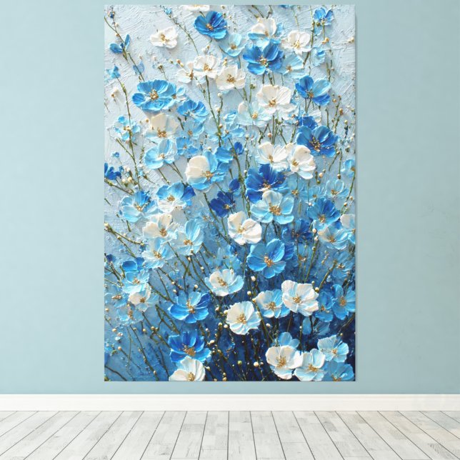 Blue and White Blossoms on Light Blue Abstract  Canvastryck (Insitu (trägolv))