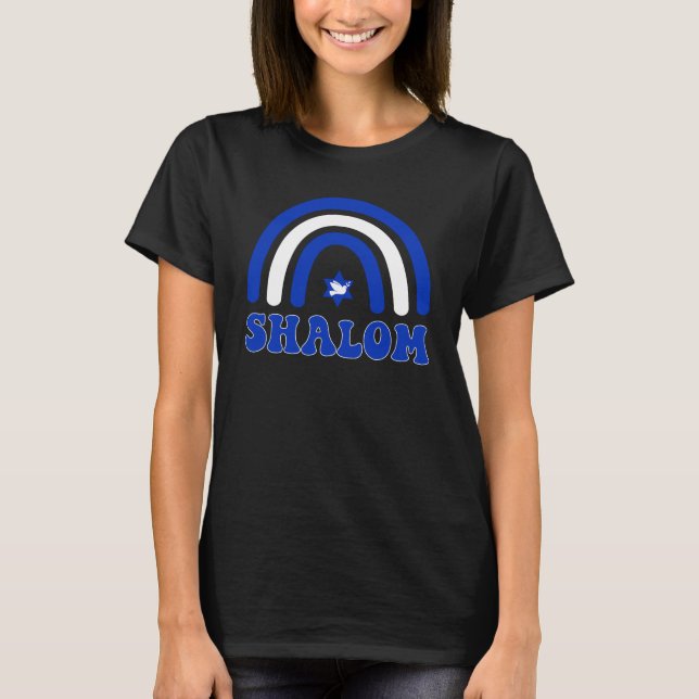 Blue and White Boho Rainbow Shalom T Shirt (Framsida)