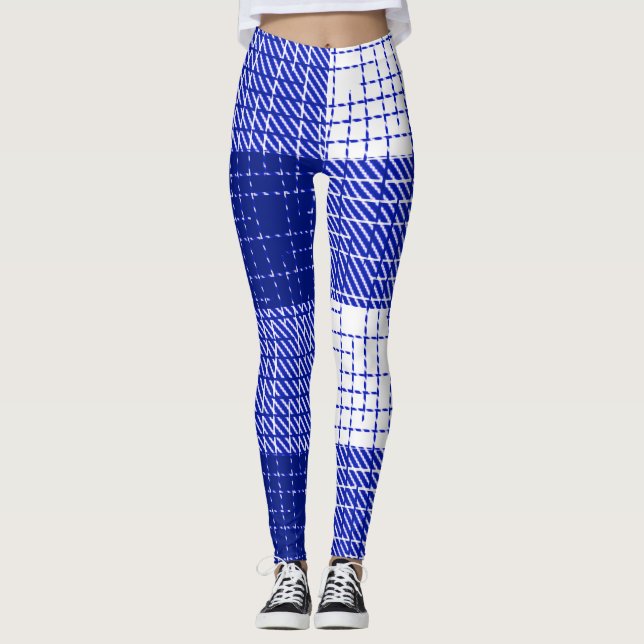 Blue and White Bold Checkered Plaid Design  Leggings (Framsida)