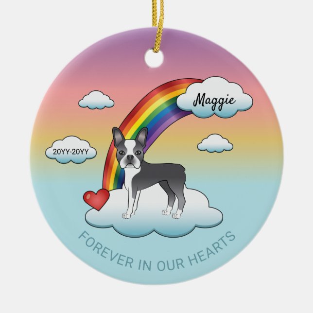 Blue and White Boston Terrier Rainbow Memorial Julgransprydnad Keramik (Framsidan)