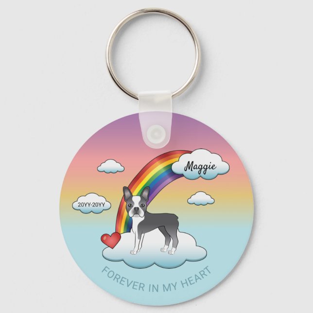 Blue and White Boston Terrier Rainbow Memorial Nyckelring (Framsida)