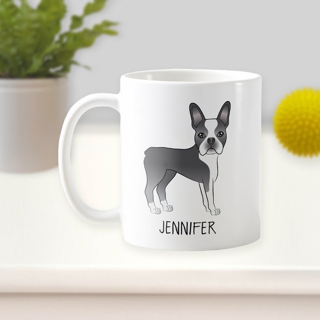 Blue and White Boston Terrier Tecknad hund & Namn Kaffemugg (Skapare uppladdad)