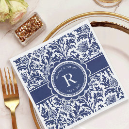 Blue and White Bröllop William Morris Monogram Pappersservett