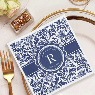 Blue and White Bröllop William Morris Monogram Pappersservett