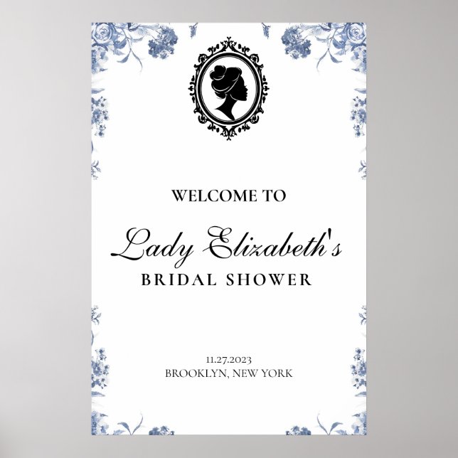 blue and white budget vintage bridal shower poster (Framsidan)