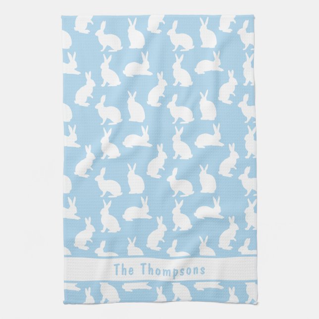 Blue And White Bunny Pattern And Name Easter Kökshandduk (Vertikal)