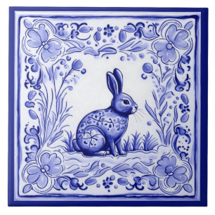 Blue and White Bunny Rabbit Mediterranean FolArt Kakelplatta