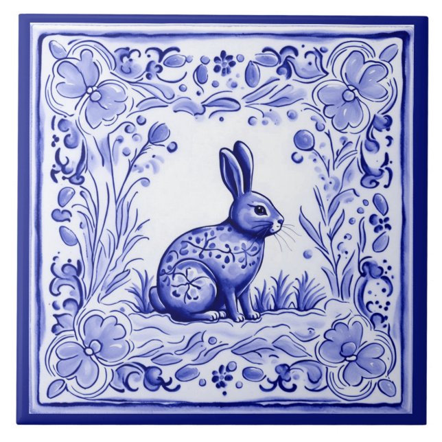 Blue and White Bunny Rabbit Mediterranean FolArt Kakelplatta (Framsidan)