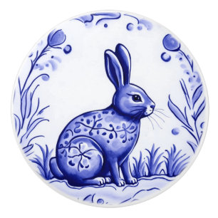 Blue and White Bunny Rabbit Mediterranean FolArt Knopp