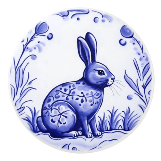 Blue and White Bunny Rabbit Mediterranean FolArt Knopp (Framsidan)