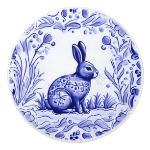 Blue and White Bunny Rabbit Mediterranean FolArt Knopp