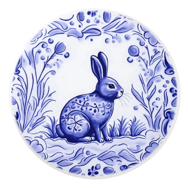 Blue and White Bunny Rabbit Mediterranean FolArt Knopp (Framsidan)