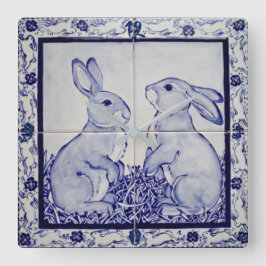 Blue and White Bunny Rabbit Tile Clock Dedham Navy Fyrkantig Klocka