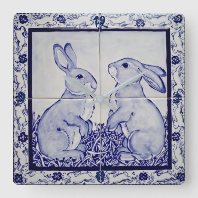 Blue and White Bunny Rabbit Tile Clock Dedham Navy Fyrkantig Klocka (Framsida)