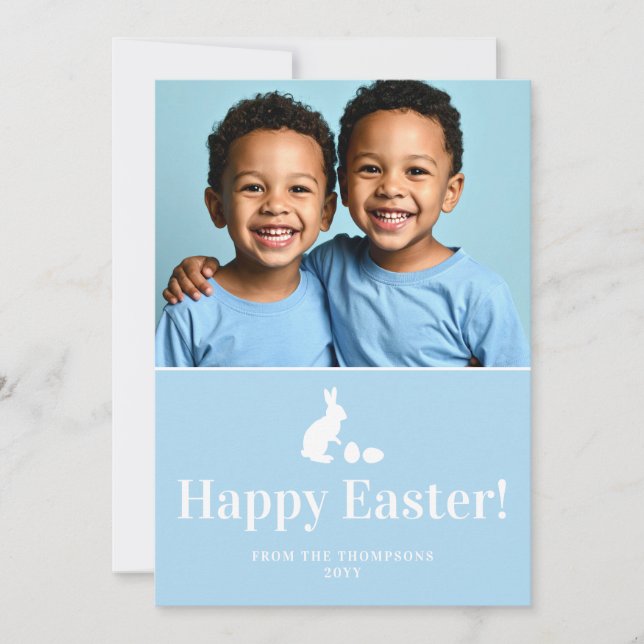 Blue And White Bunny With Custom Photo Easter Kort (Framsida)