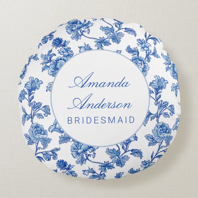Blue and White Chinoiserie Bridesmaid Gift Rund Kudde (Framsidan)