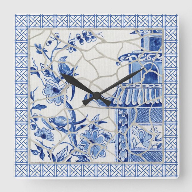 Blue and White Chinoiserie Chic Bird Blommigt Mosa Fyrkantig Klocka (Framsida)