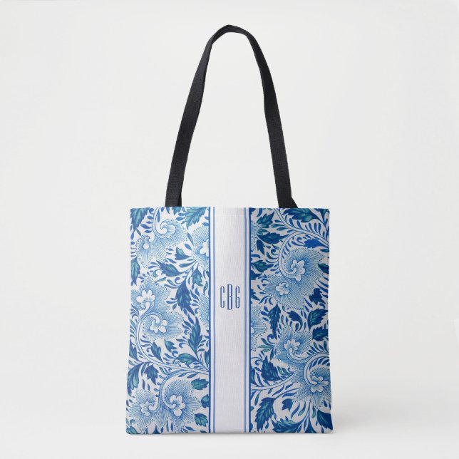 Blue and White Chinoiserie Chic Tote med Monogram Tygkasse (Framsida)