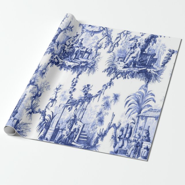 Blue and White Chinoiserie Decoupage Presentpapper (Utrullad)