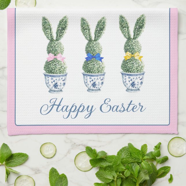 Blue and White Chinoiserie With Rabbit Topiaries Kökshandduk (Vikta)