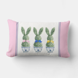 Blue and White Chinoiserie With Rabbit Topiaries Lumbarkudde