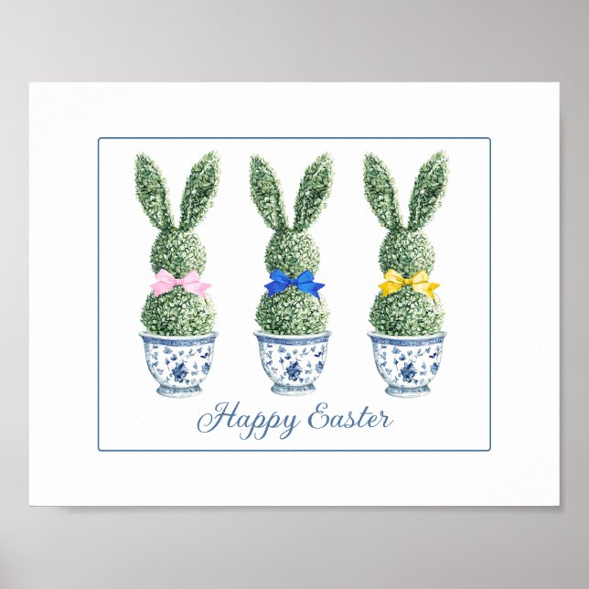 Blue and White Chinoiserie With Rabbit Topiaries Poster (Framsidan)