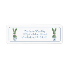 Blue and White Chinoiserie With Rabbit Topiaries Returadress Etikett