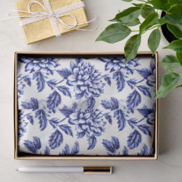 Blue and White Dahlia Flowers Toile de Jouy