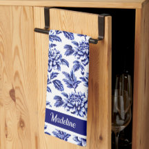 Blue and White Dahlia Flowers Toile de Jouy