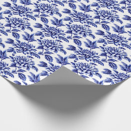 Blue and White Dahlia Flowers Toile de Jouy Presentpapper