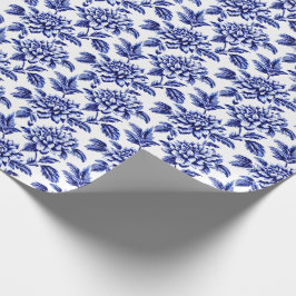 Blue and White Dahlia Flowers Toile de Jouy Presentpapper