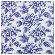 Blue and White Dahlia Flowers Toile de Jouy