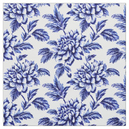 Blue and White Dahlia Flowers Toile de Jouy Tyg