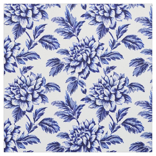 Blue and White Dahlia Flowers Toile de Jouy Tyg (Provkarta)