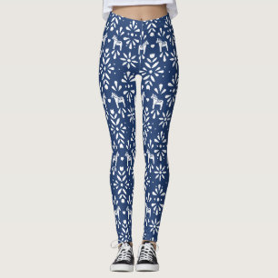 Blue and White Dala Horse Folk Art Mönster Leggings