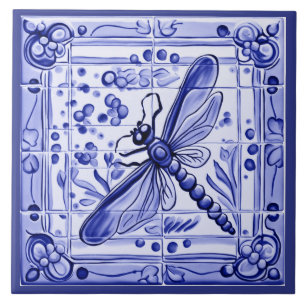 Blue and White Dragonfly Mediterranean Folk Art Kakelplatta