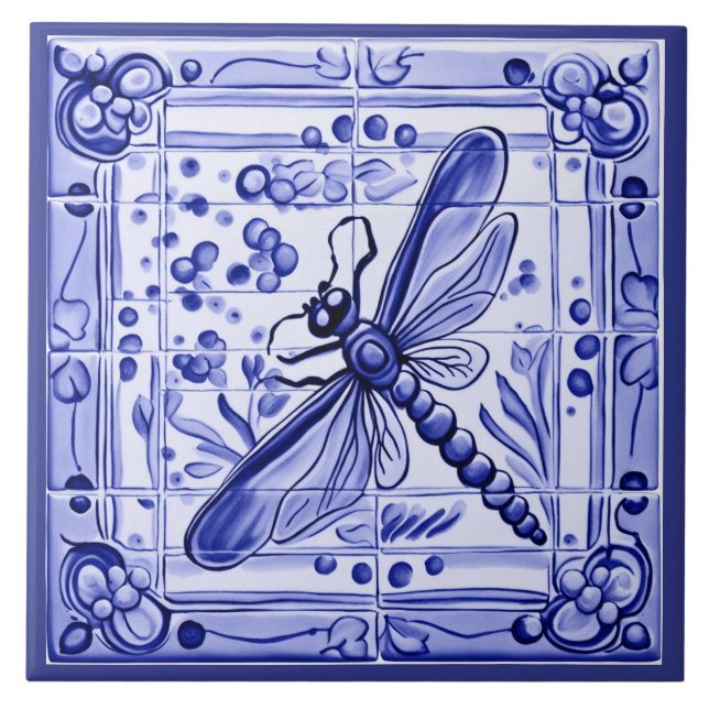 Blue and White Dragonfly Mediterranean Folk Art Kakelplatta (Framsidan)
