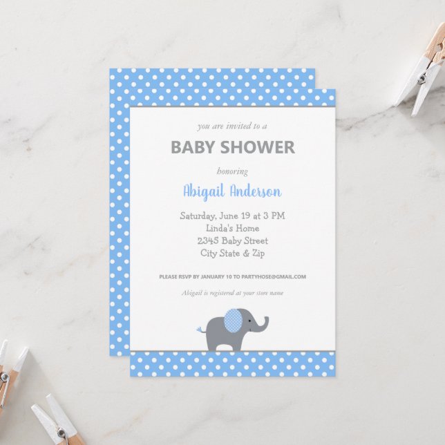 Blue and White Elephant Polka Dot Baby Shower Inv. Inbjudningar (Fram/Back In Situ)
