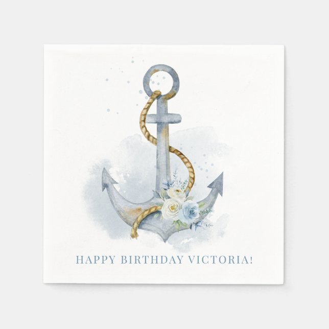 Blue and White Floral Anchor Nautical Birthday Pappersservett (Framsidan)