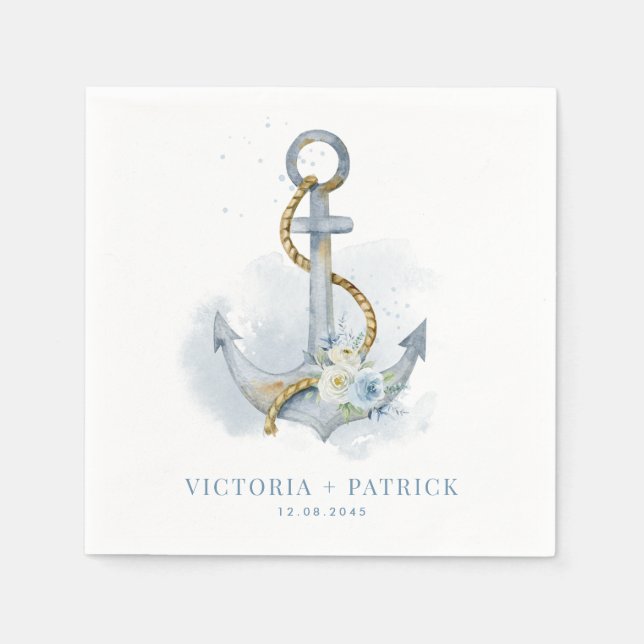 Blue and White Floral Anchor Nautical Wedding Pappersservett (Framsidan)