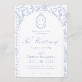 Blue and White Floral Chinoiserie Monogram Wedding Inbjudningar