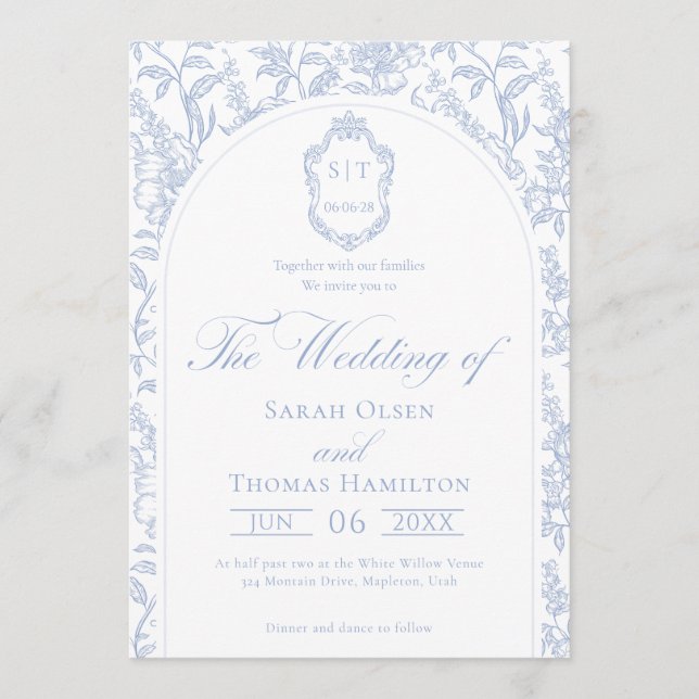 Blue and White Floral Chinoiserie Monogram Wedding Inbjudningar (Framsida)