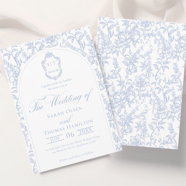Blue and White Floral Chinoiserie Monogram Wedding Inbjudningar (Skapare uppladdad)