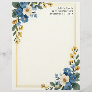 Blue and White Floral Corners Stationery Paper Brevhuvud