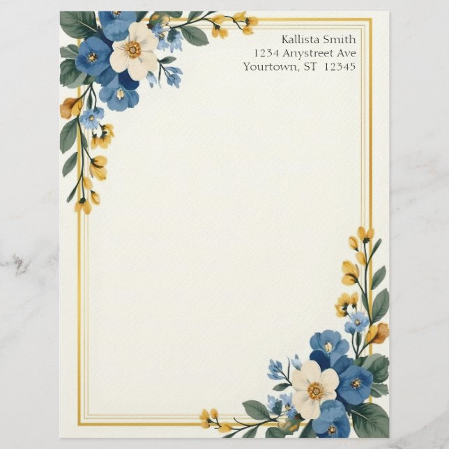 Blue and White Floral Corners Stationery Paper Brevhuvud (Framsida)